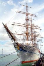 ID 2039 KAIWO MARU (1989/2879grt) the Japanese government's sail-training ship, berthed in Auckland, NZ eight months before she was driven hard against a breakwater at Toyama, Japan during Typhoon Tokage.